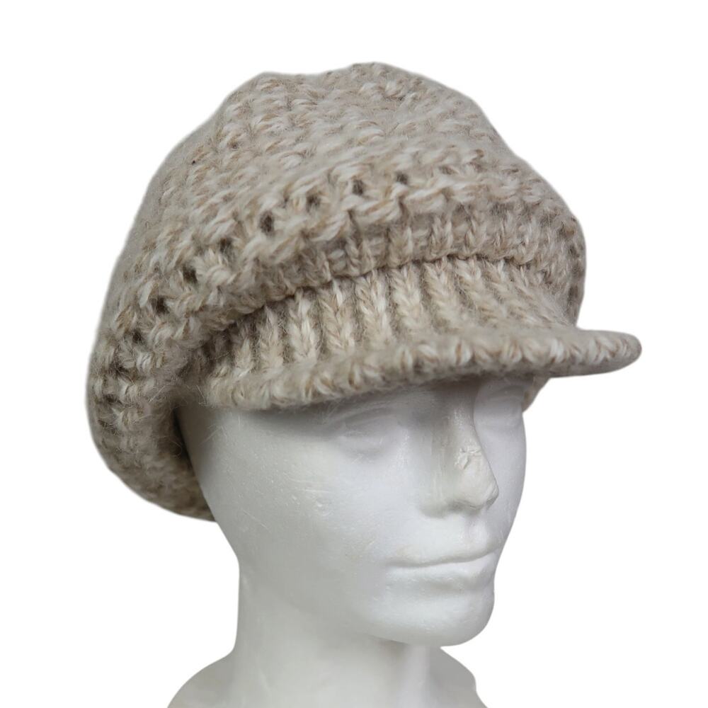 Vintage Cream Tan Marled Knit Alpaca Wool Newsboy Cap Brim Beanie Hat
